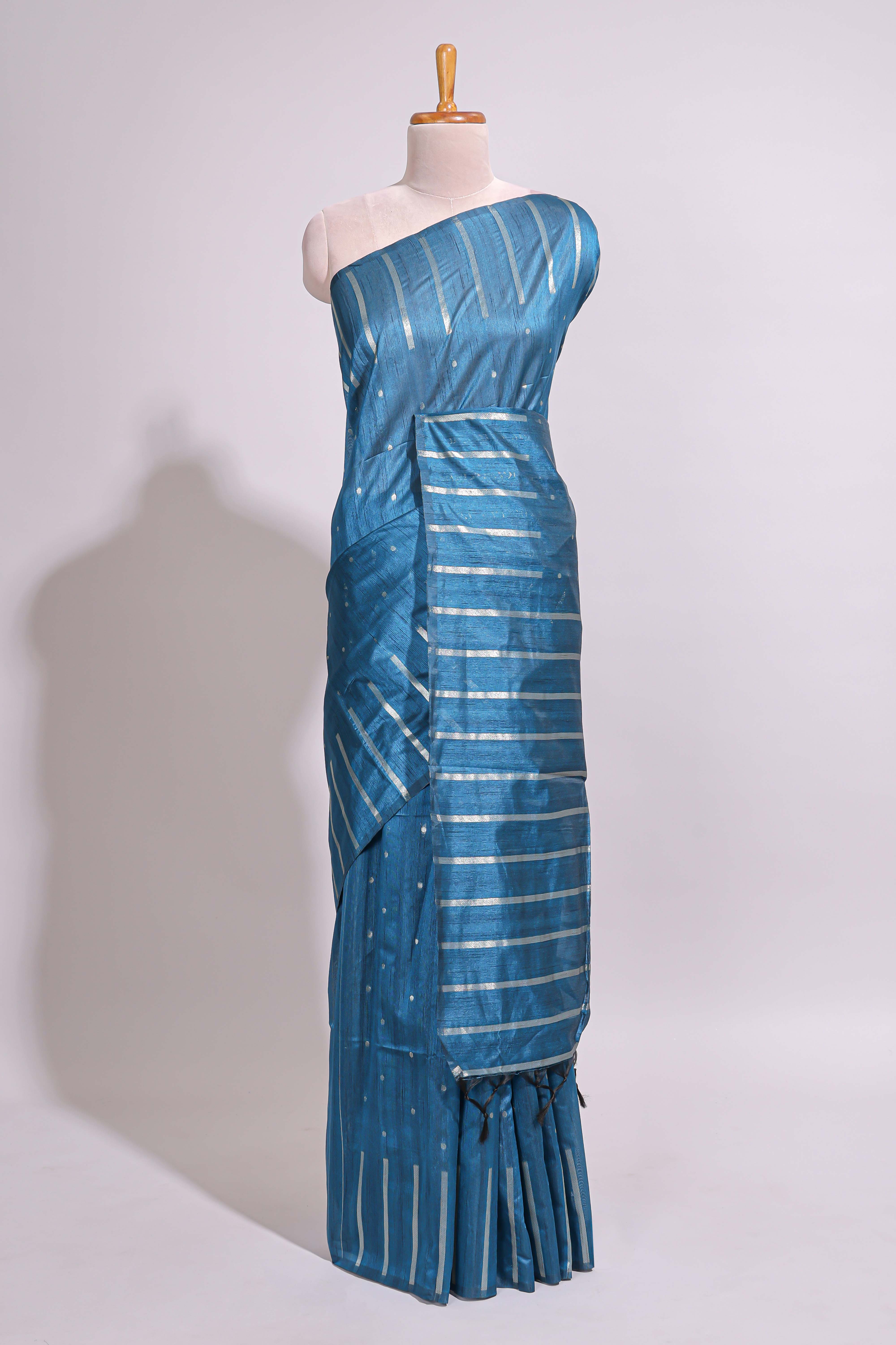 Blue zari butta art tusser saree with self border and striped blouse