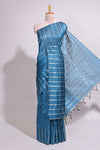 Blue zari butta art tusser saree with self border and striped blouse