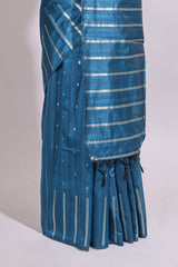 Blue zari butta art tusser saree with self border and striped blouse