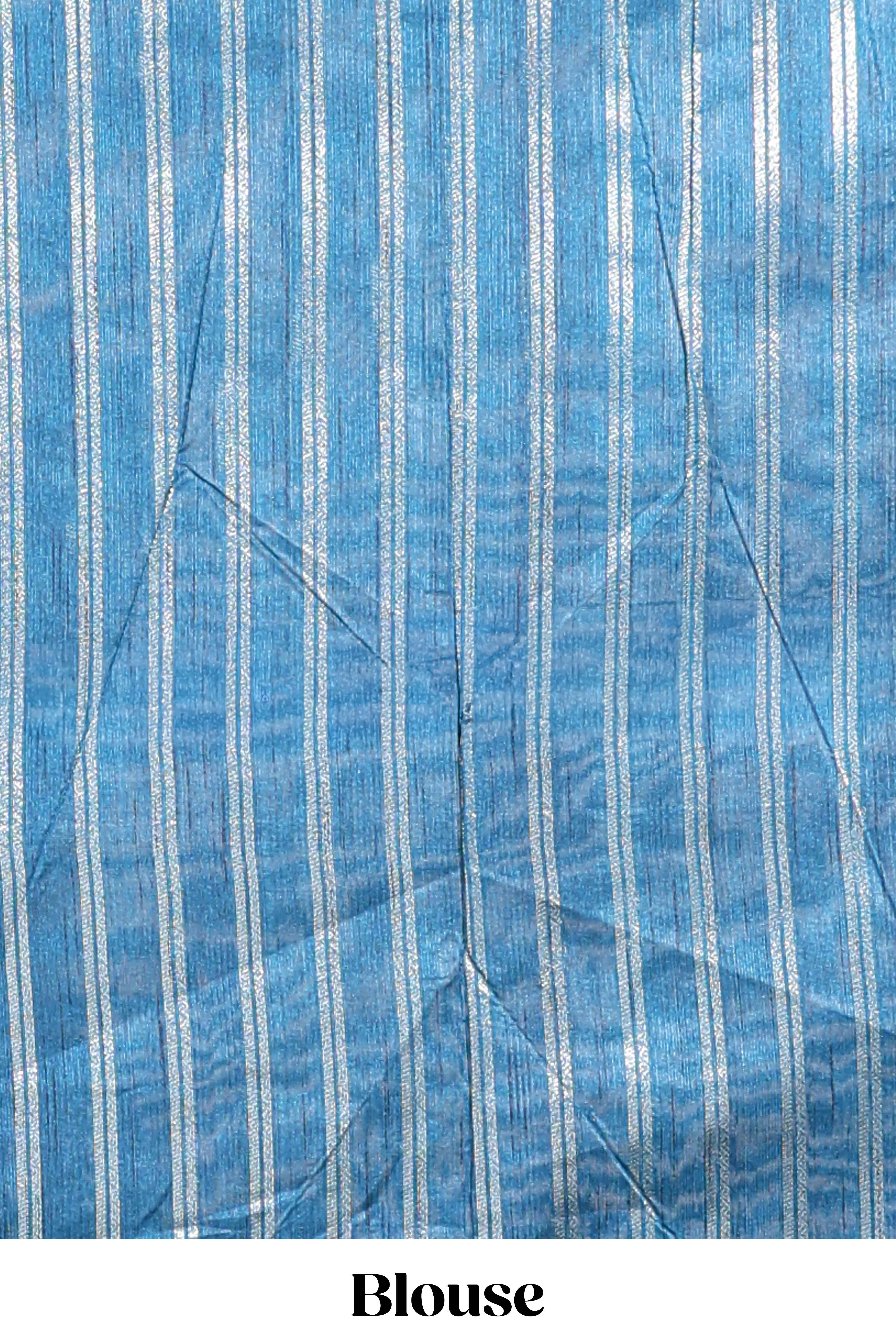 Blue zari butta art tusser saree with self border and striped blouse