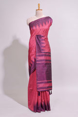 Deep pink textured floral motifs art tussar saree with contrast temple spire border and motifs blouse