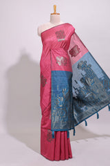Borderless pink textured zari motifs art tussar saree with contrast floral design pallu and zari motifs blouse