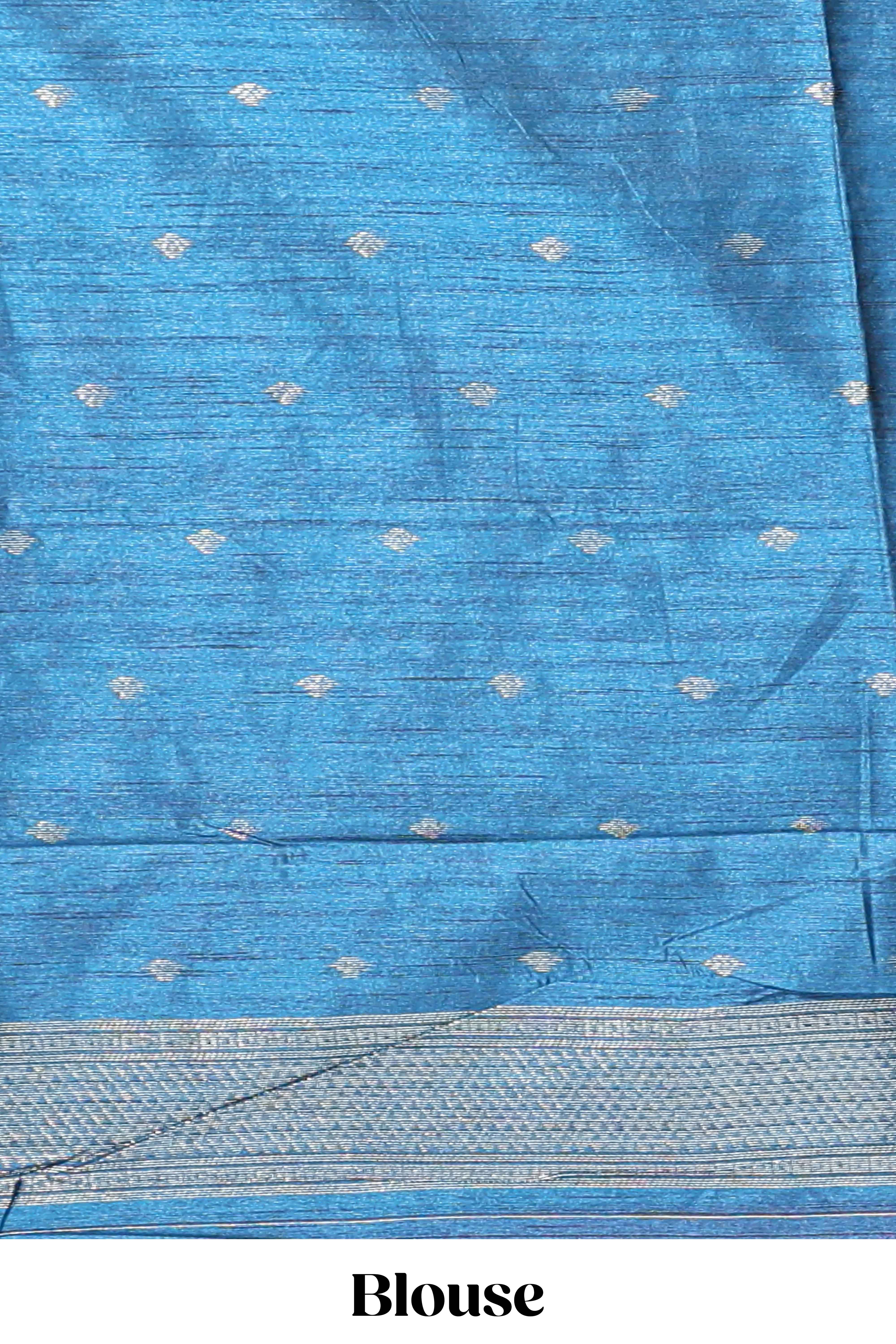 Borderless pink textured zari motifs art tussar saree with contrast floral design pallu and zari motifs blouse