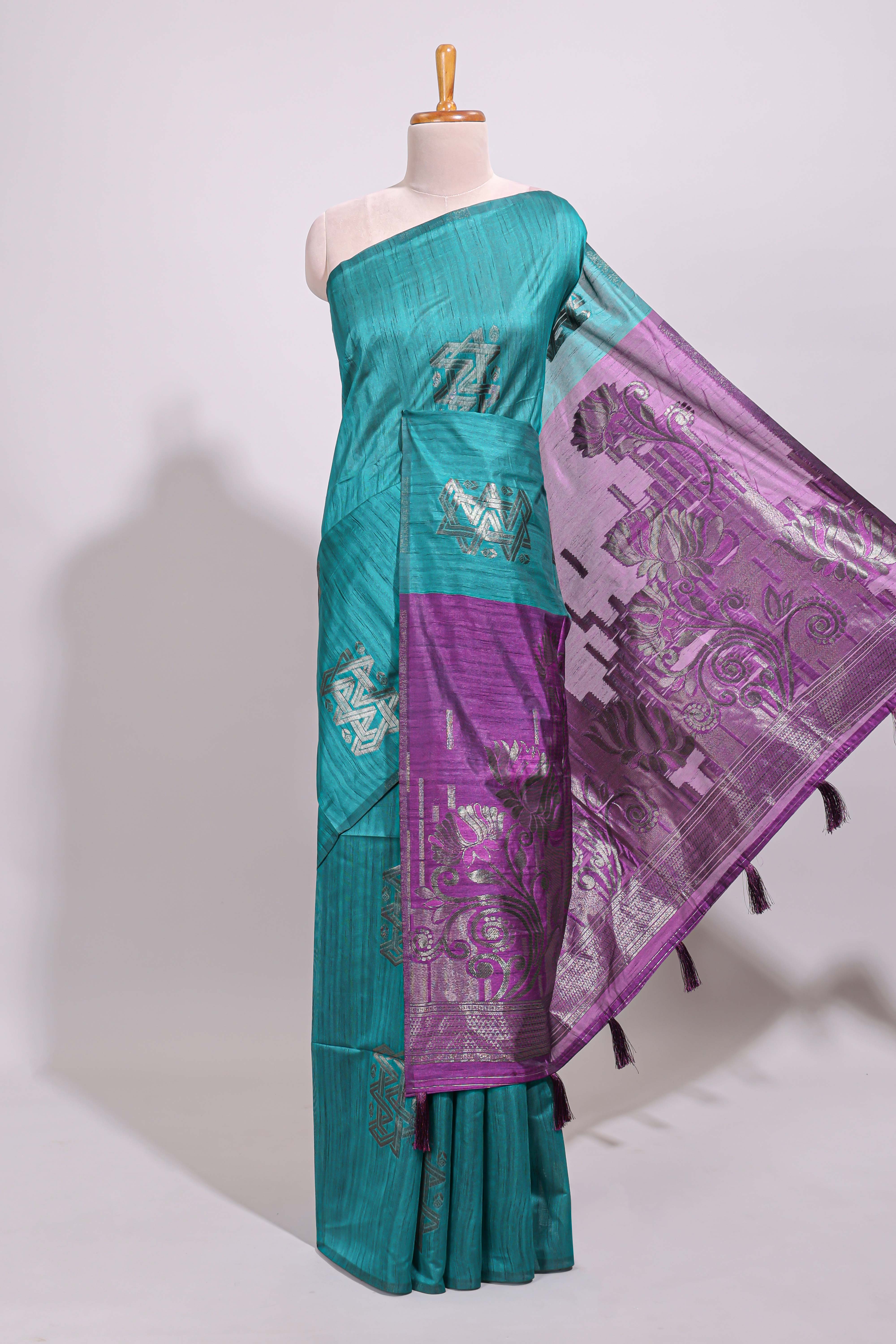 Borderless green checked zari motifs art tussar saree with contrast floral design pallu and zari motifs blouse