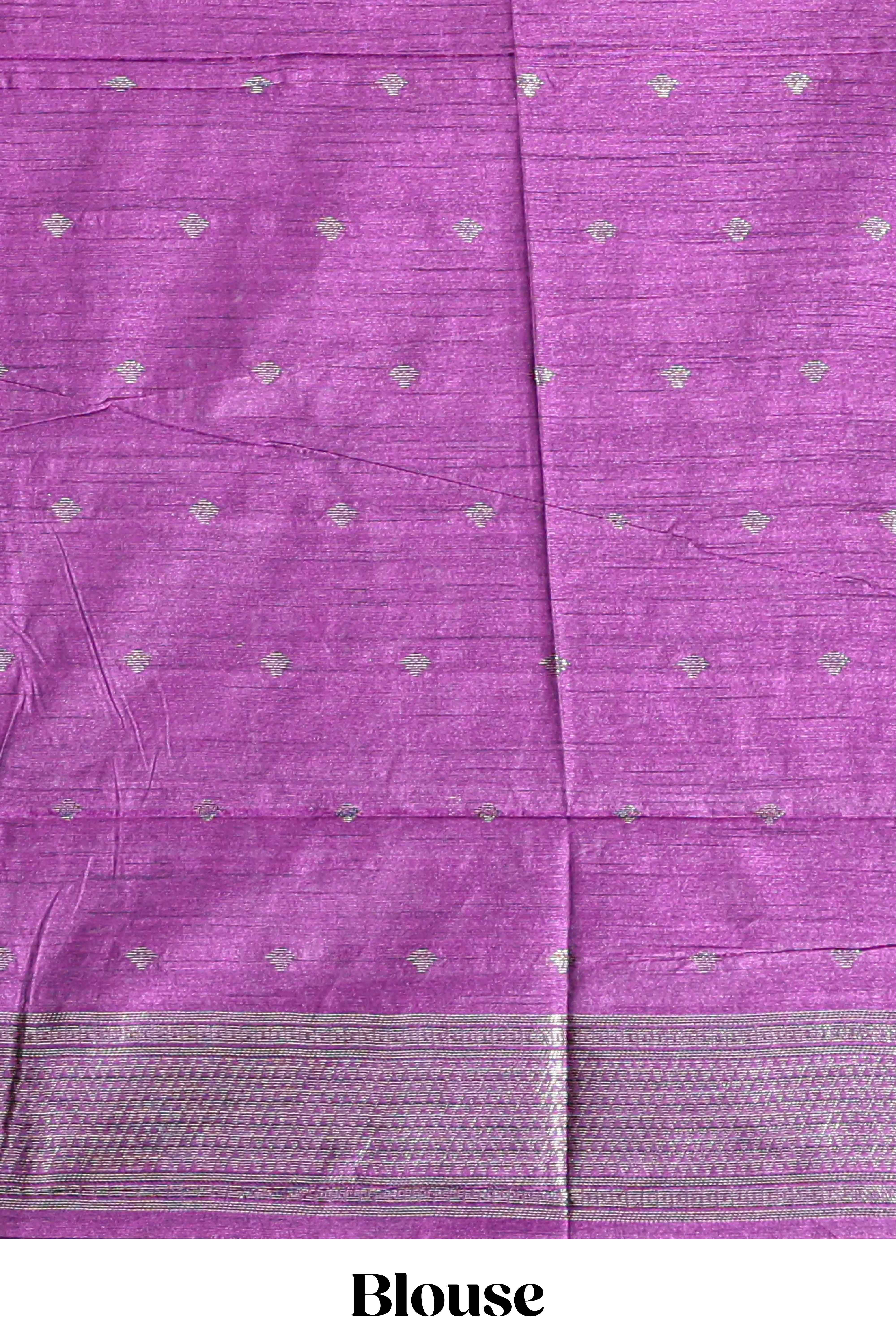 Borderless green textured zari motifs art tussar saree with contrast floral design pallu and zari motifs blouse
