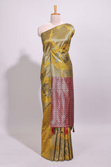 Borderless mustard floral zari motifs art tussar saree with contrast floral design pallu and zari motifs blouse