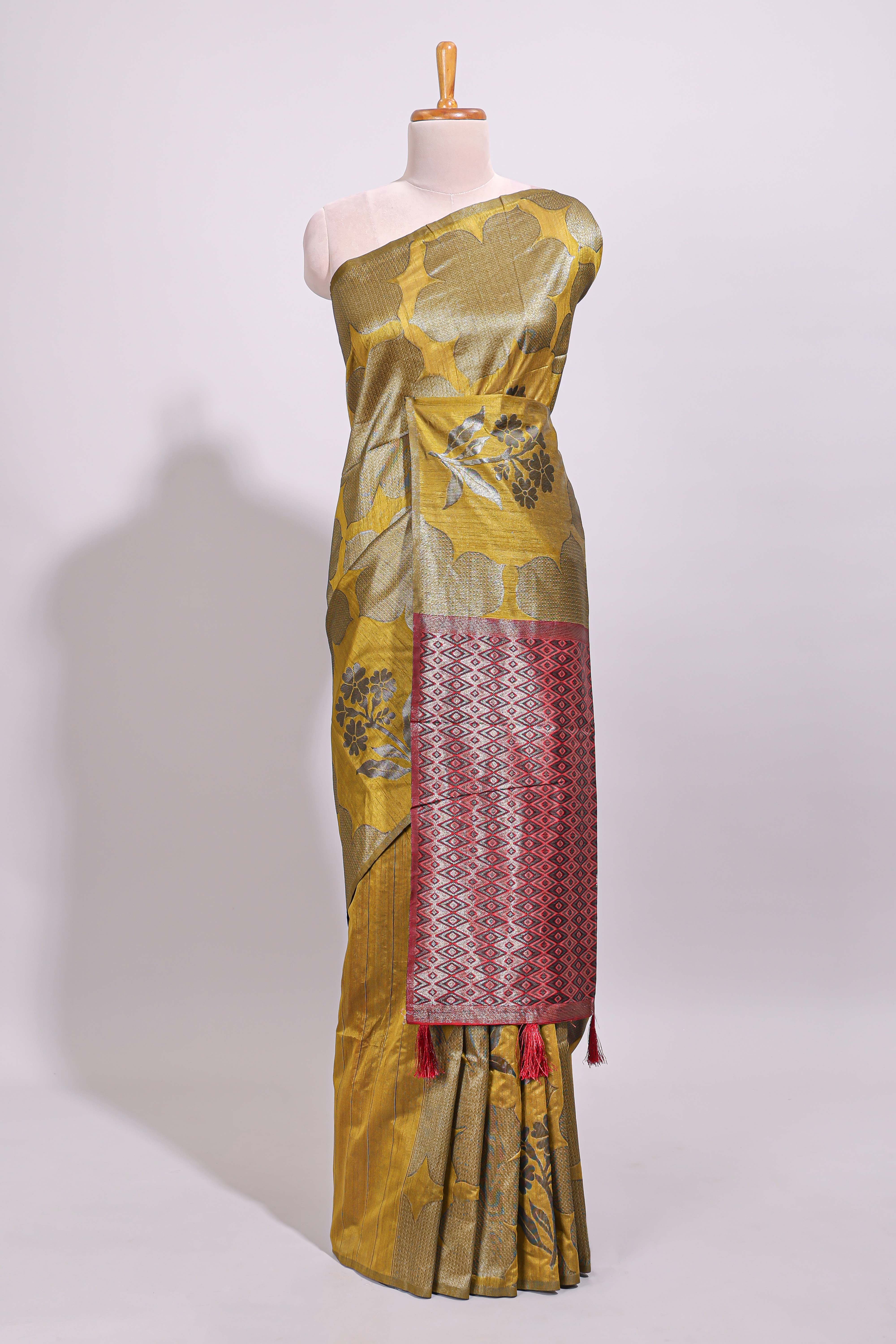 Borderless mustard floral zari motifs art tussar saree with contrast floral design pallu and zari motifs blouse