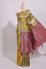 Borderless mustard floral zari motifs art tussar saree with contrast floral design pallu and zari motifs blouse