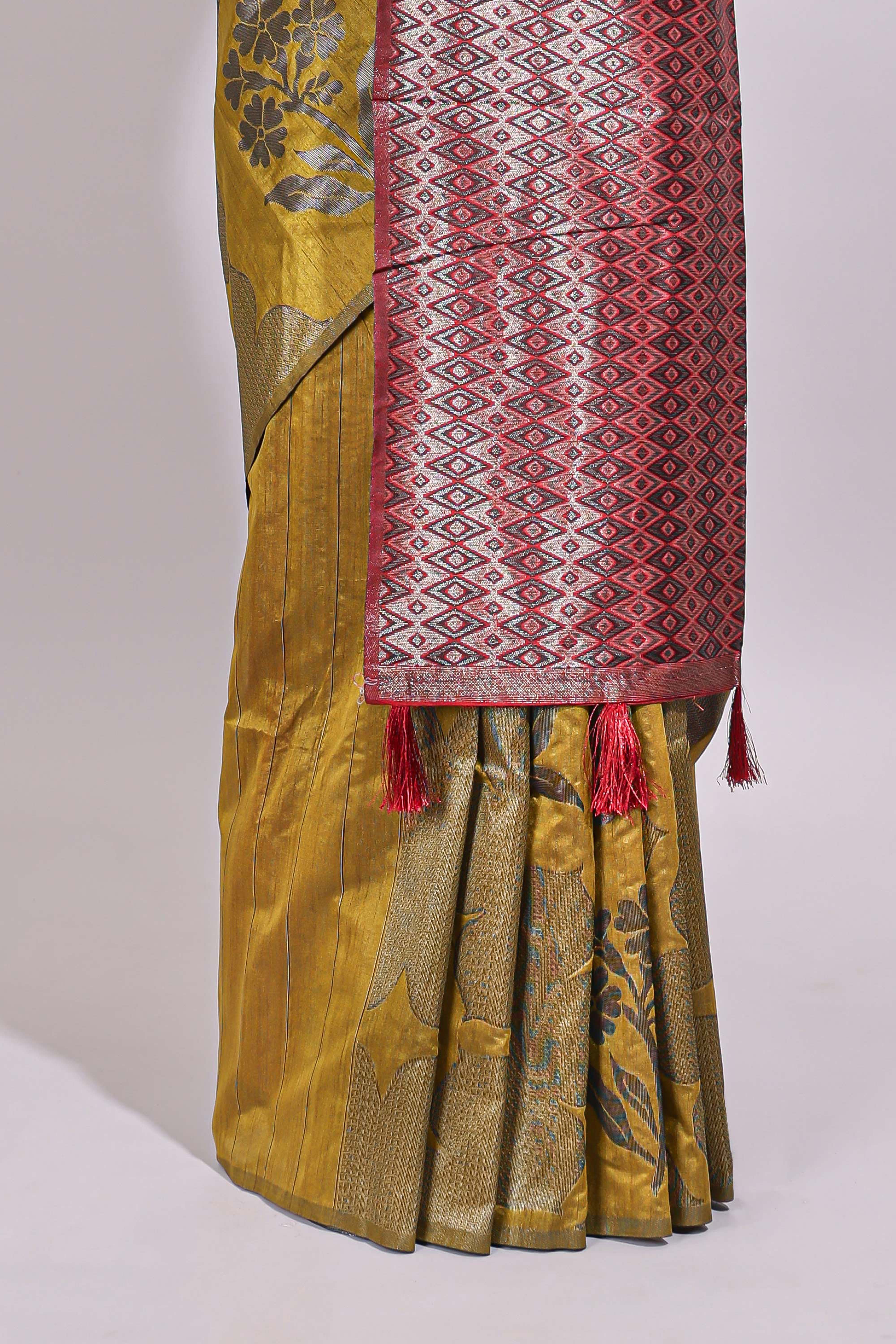 Borderless mustard floral zari motifs art tussar saree with contrast floral design pallu and zari motifs blouse