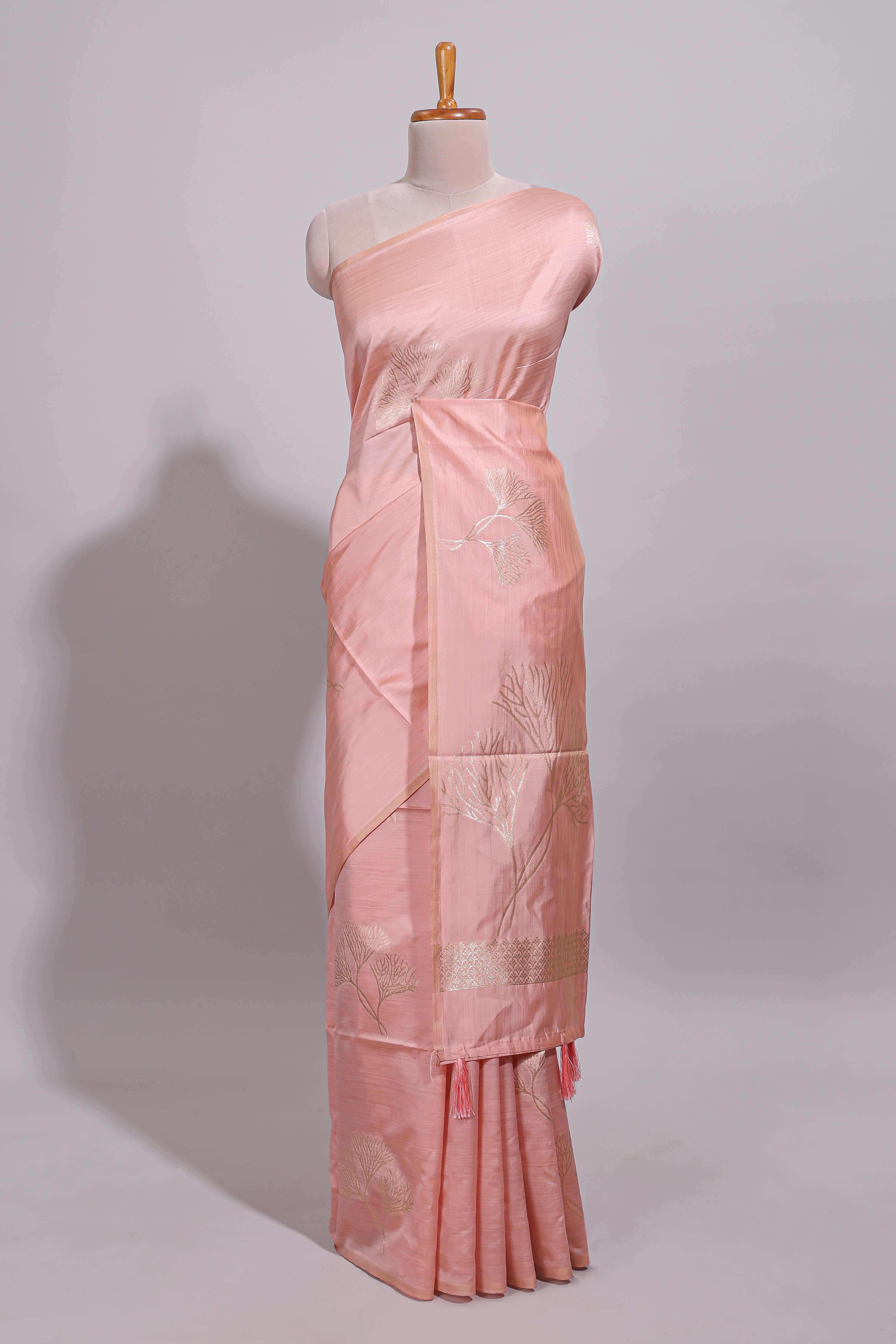 Borderless peach floral zari design art tussar saree with self floral design pallu and matching zari motifs blouse