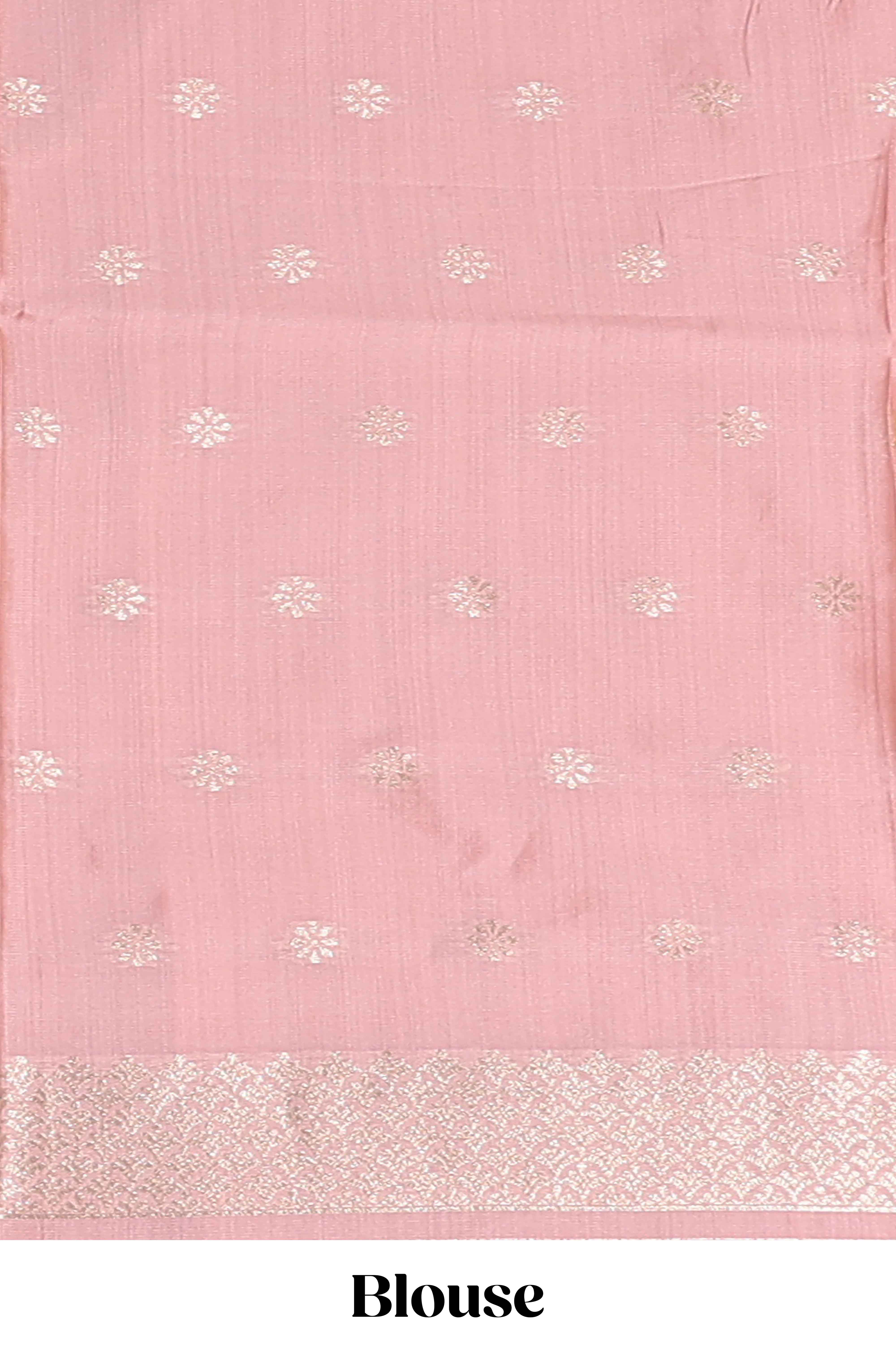 Borderless peach floral zari design art tussar saree with self floral design pallu and matching zari motifs blouse