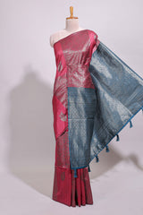 Borderless maroon floral zari design art tussar saree with contrast floral design pallu and zari motifs blouse