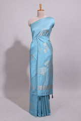 Borderless blue floral zari design art tussar saree with self floral design pallu and matching zari motifs blouse