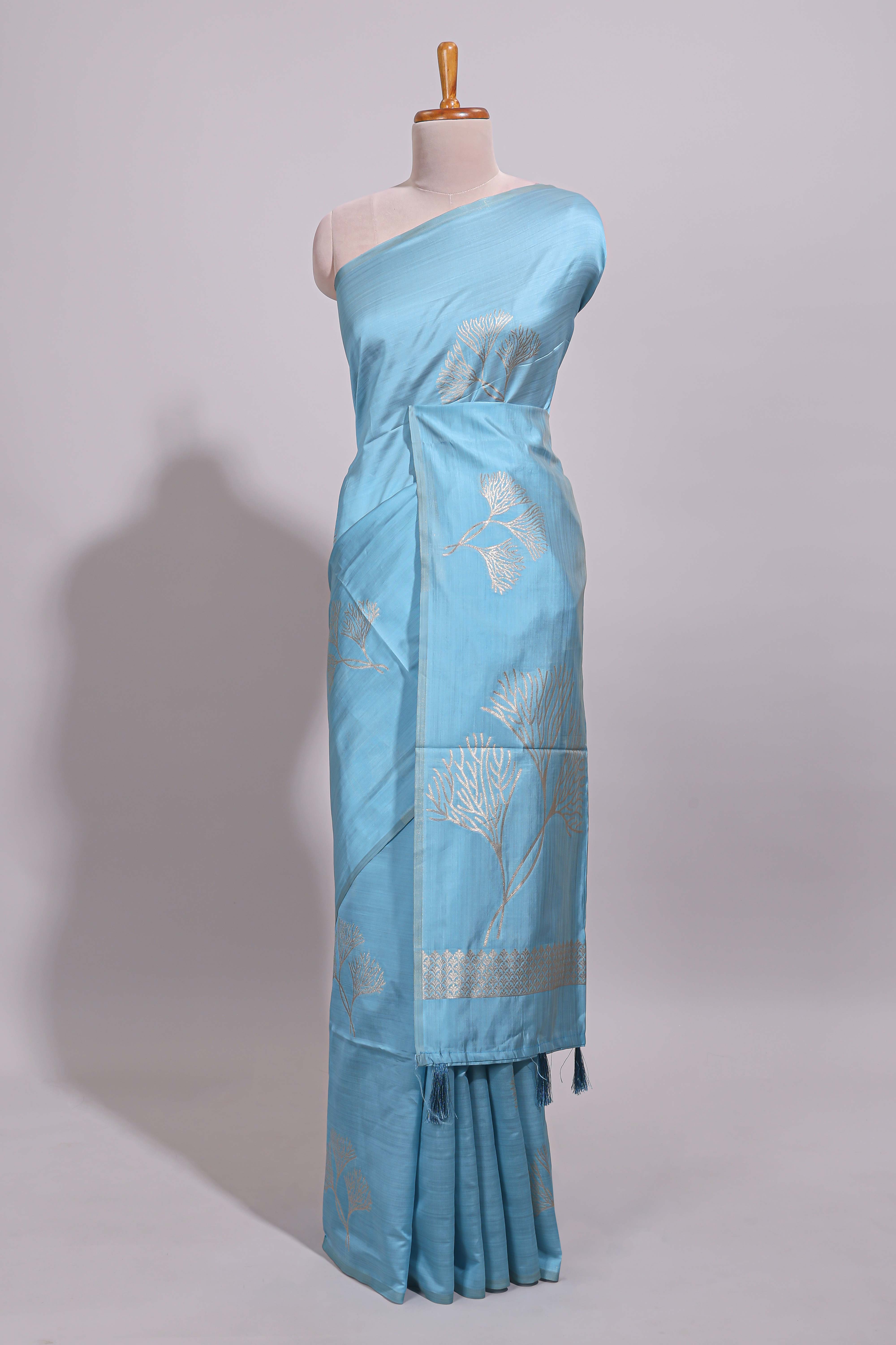Borderless blue floral zari design art tussar saree with self floral design pallu and matching zari motifs blouse