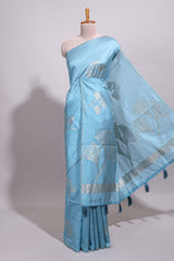 Borderless blue floral zari design art tussar saree with self floral design pallu and matching zari motifs blouse