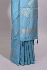 Borderless blue floral zari design art tussar saree with self floral design pallu and matching zari motifs blouse