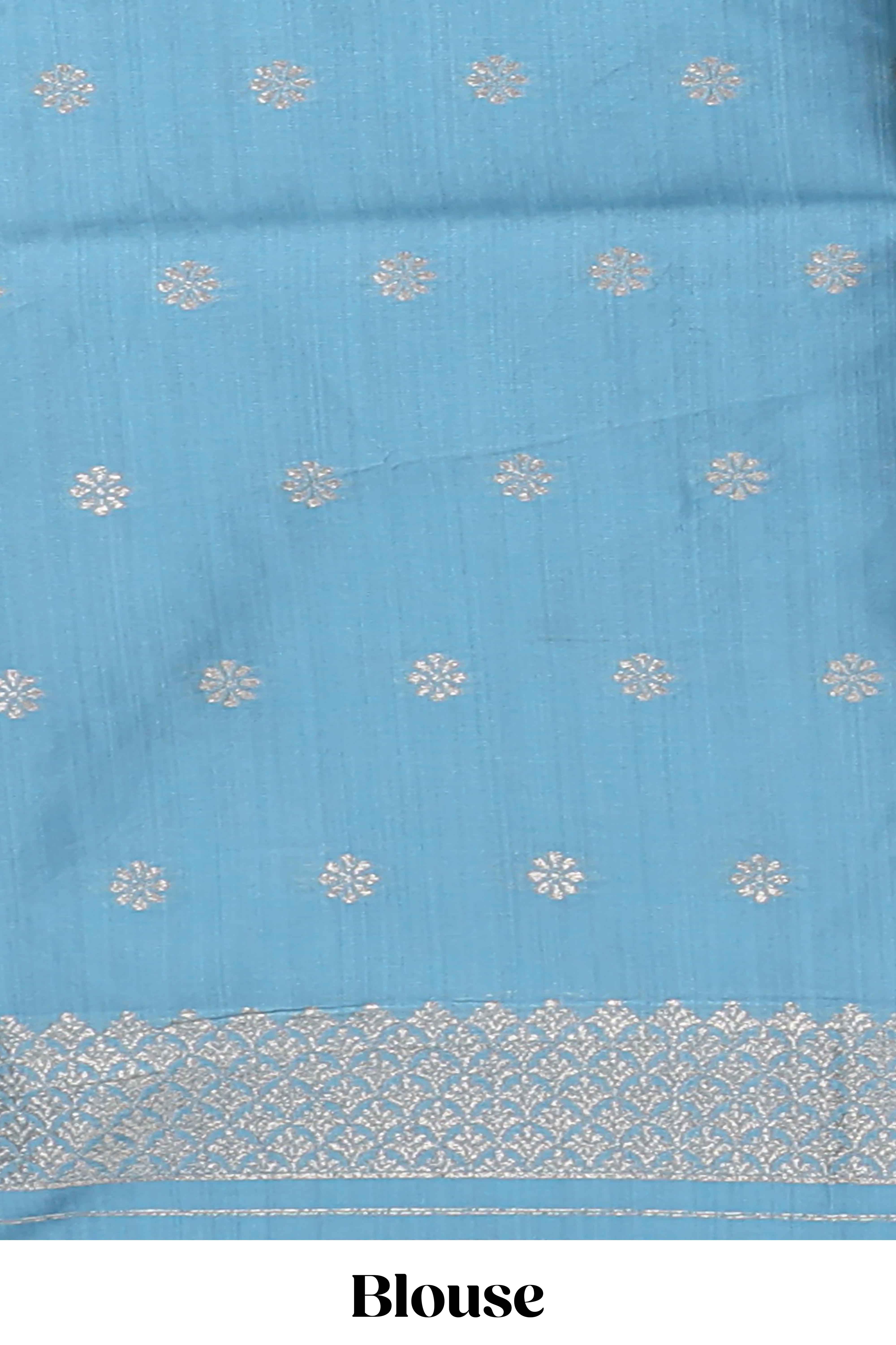 Borderless blue floral zari design art tussar saree with self floral design pallu and matching zari motifs blouse
