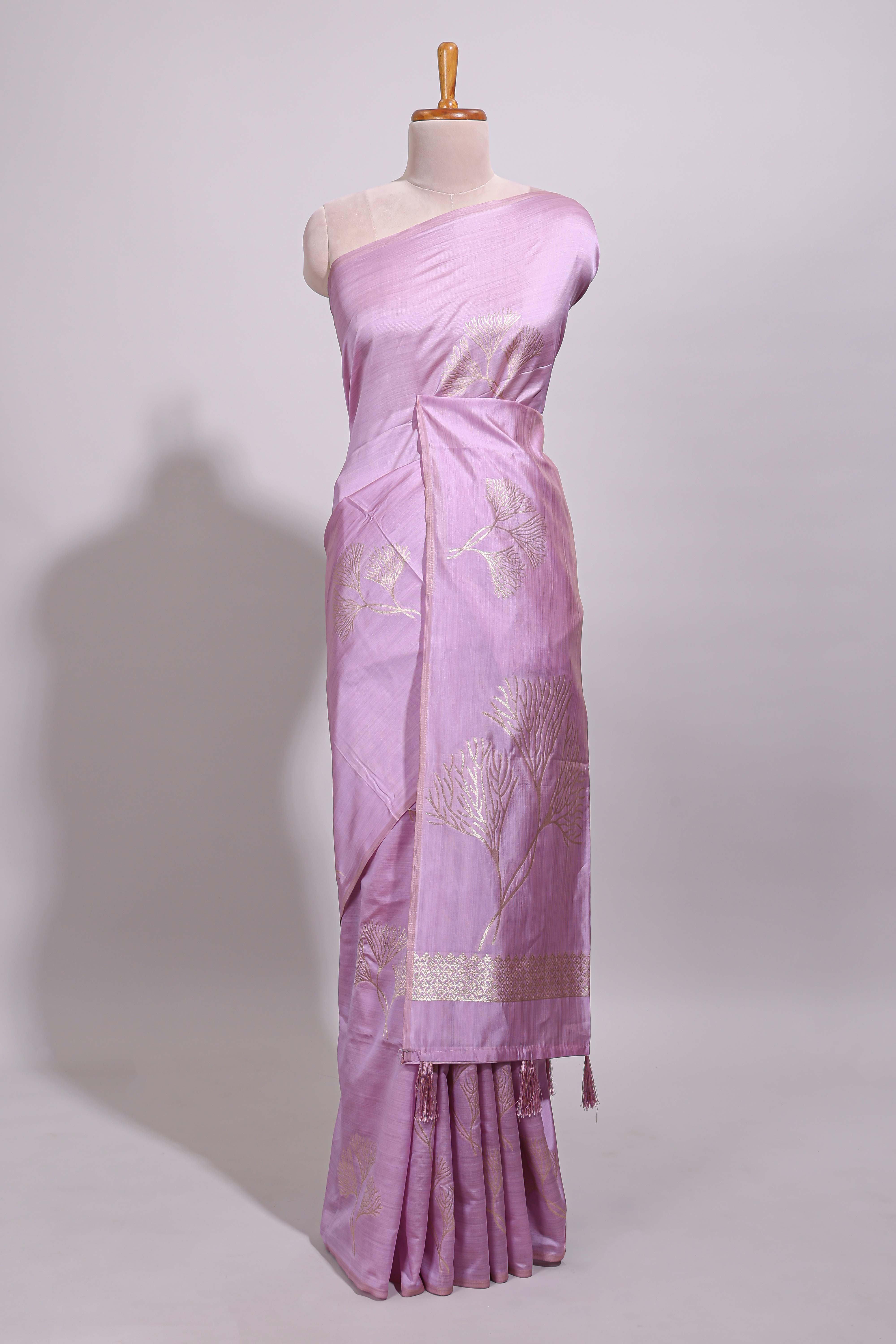 Borderless lavender floral zari design art tussar saree with self floral design pallu and matching zari motifs blouse