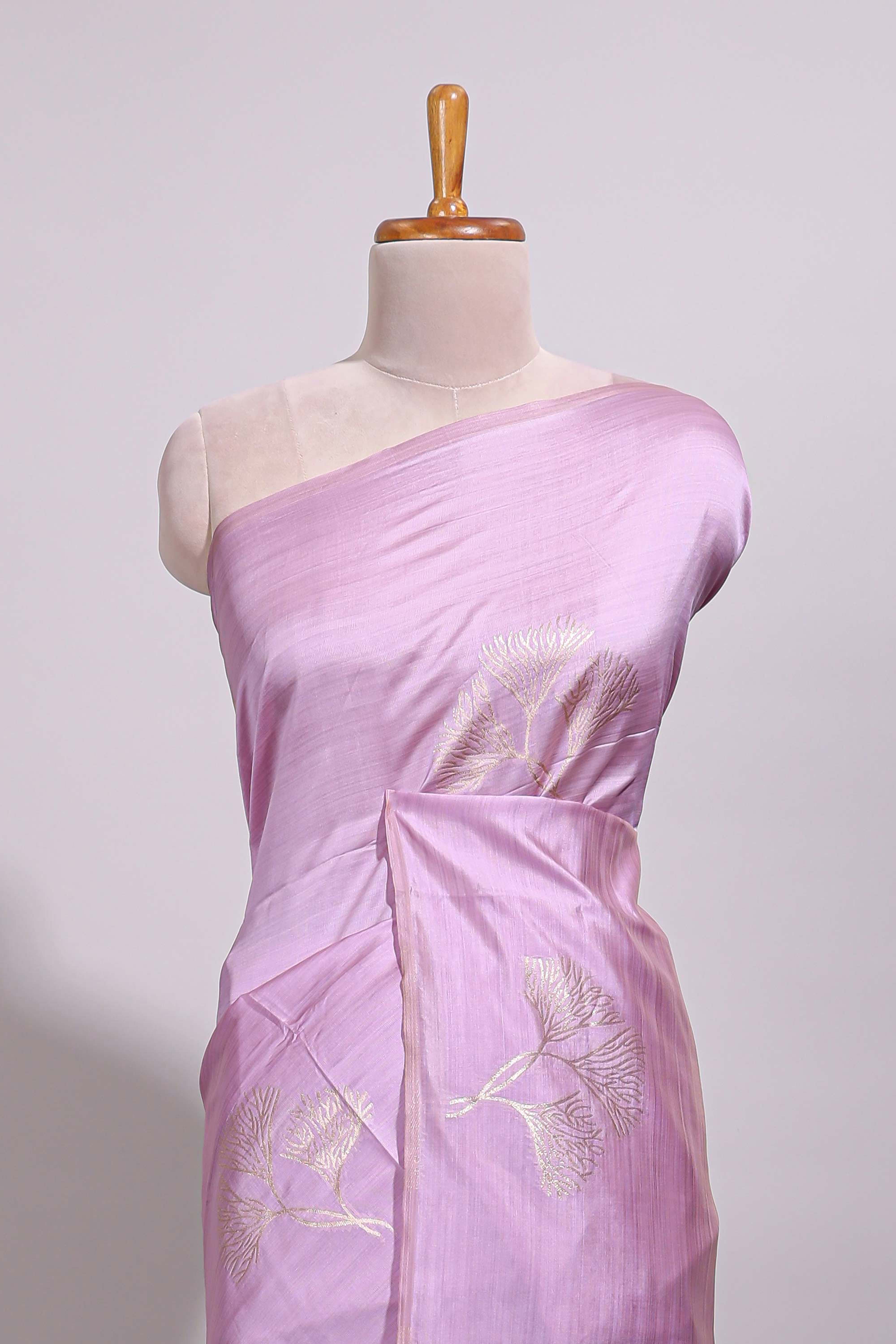Borderless lavender floral zari design art tussar saree with self floral design pallu and matching zari motifs blouse