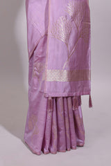 Borderless lavender floral zari design art tussar saree with self floral design pallu and matching zari motifs blouse