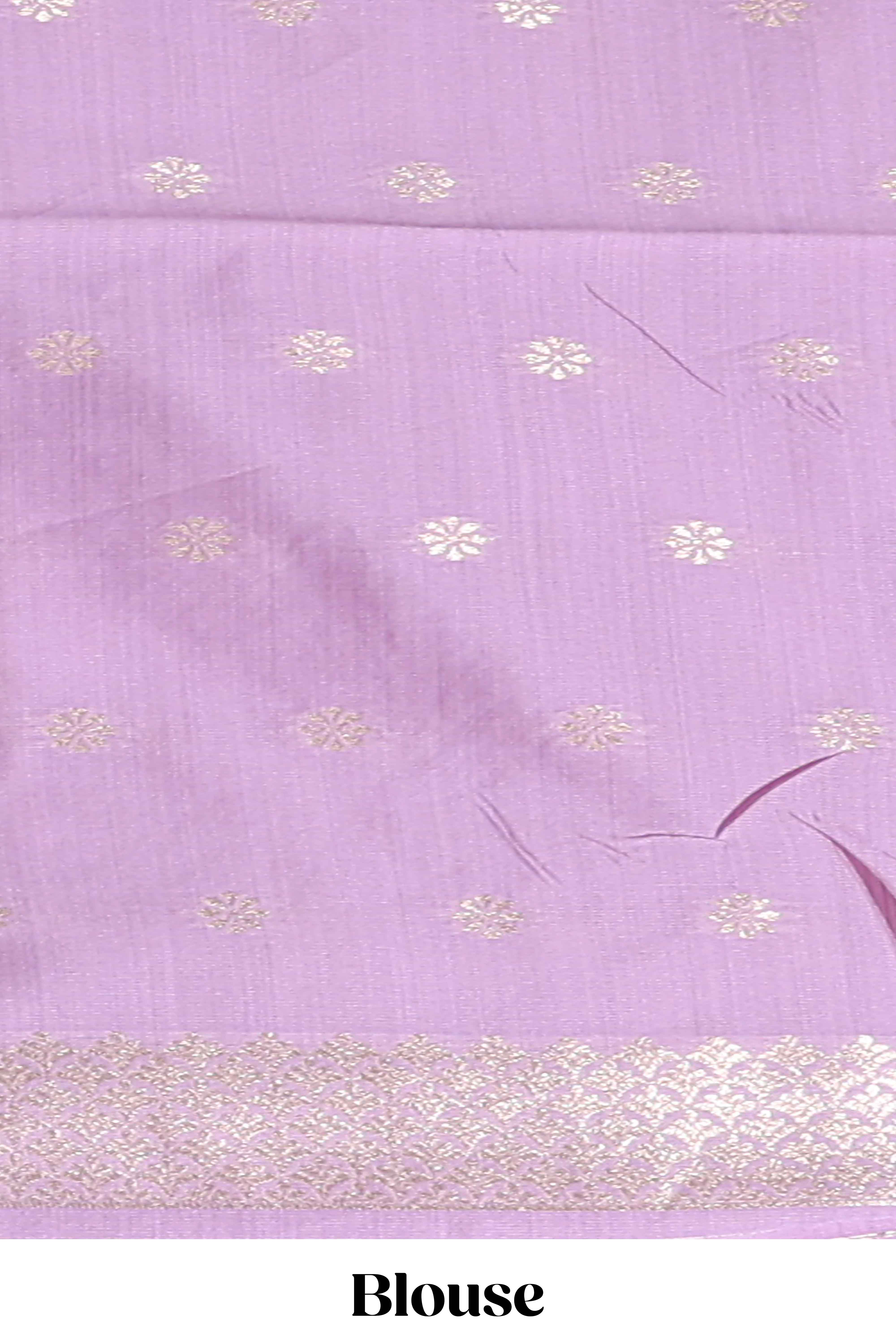 Borderless lavender floral zari design art tussar saree with self floral design pallu and matching zari motifs blouse