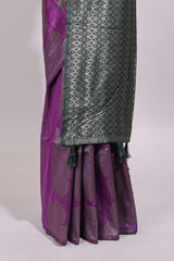 Borderless purple floral zari design art tussar saree with self floral design pallu and matching zari motifs blouse