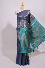 Borderless blue floral zari design art tussar saree with self floral design pallu and matching zari motifs blouse