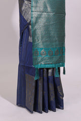 Borderless blue floral zari design art tussar saree with self floral design pallu and matching zari motifs blouse