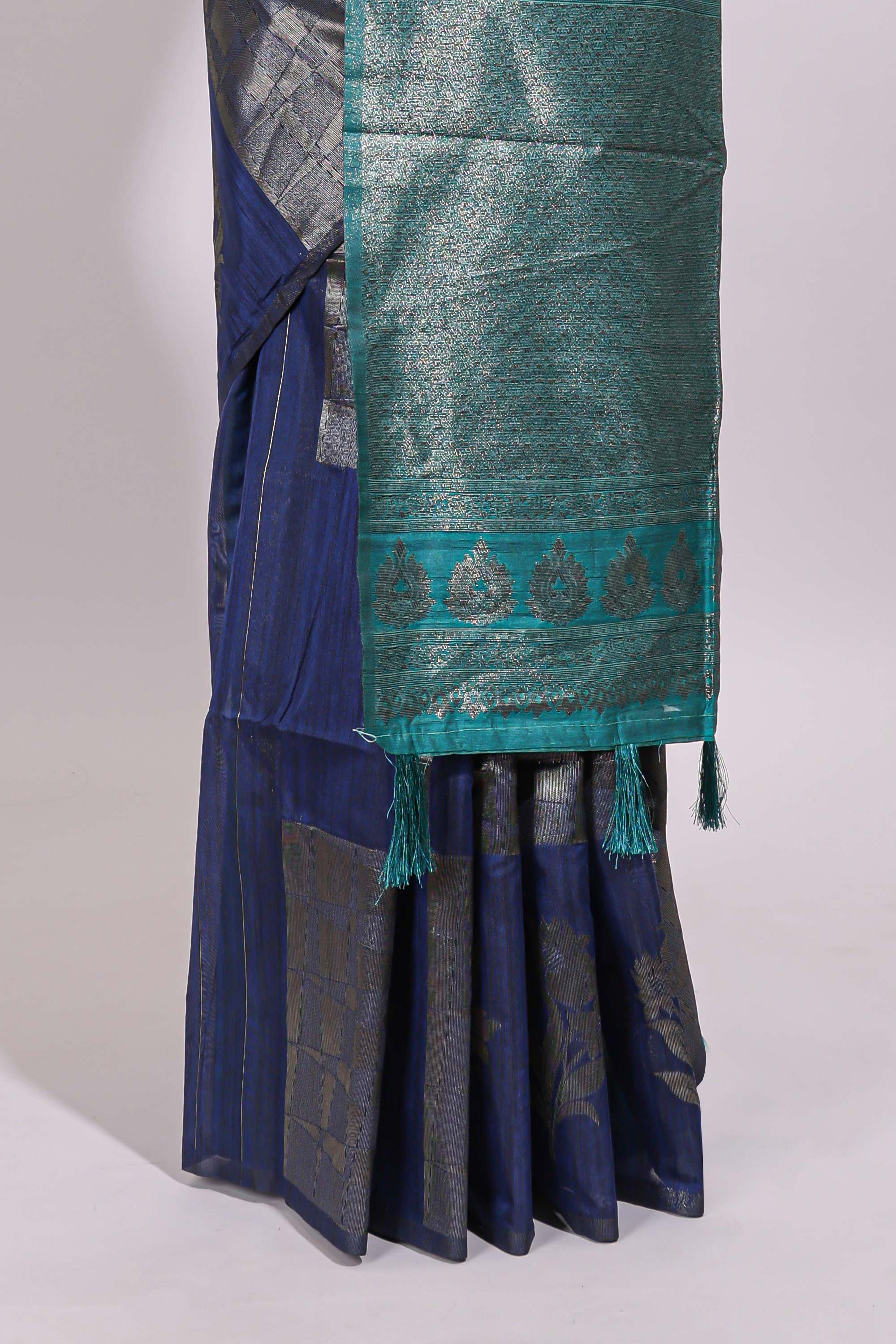 Borderless blue floral zari design art tussar saree with self floral design pallu and matching zari motifs blouse