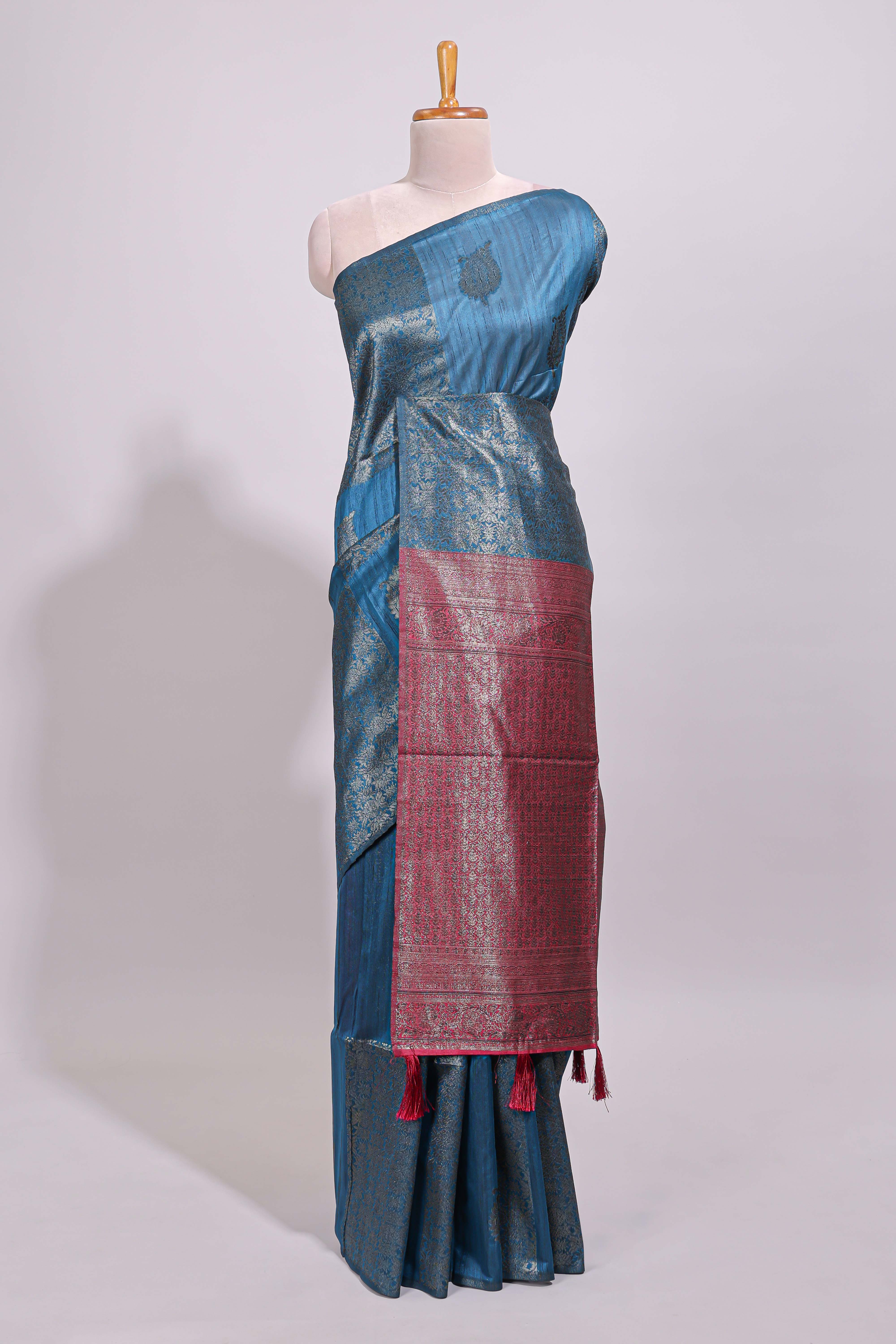 Borderless midnight blue floral zari design art tussar saree with self floral design pallu and matching zari motifs blouse