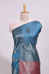 Borderless midnight blue floral zari design art tussar saree with self floral design pallu and matching zari motifs blouse