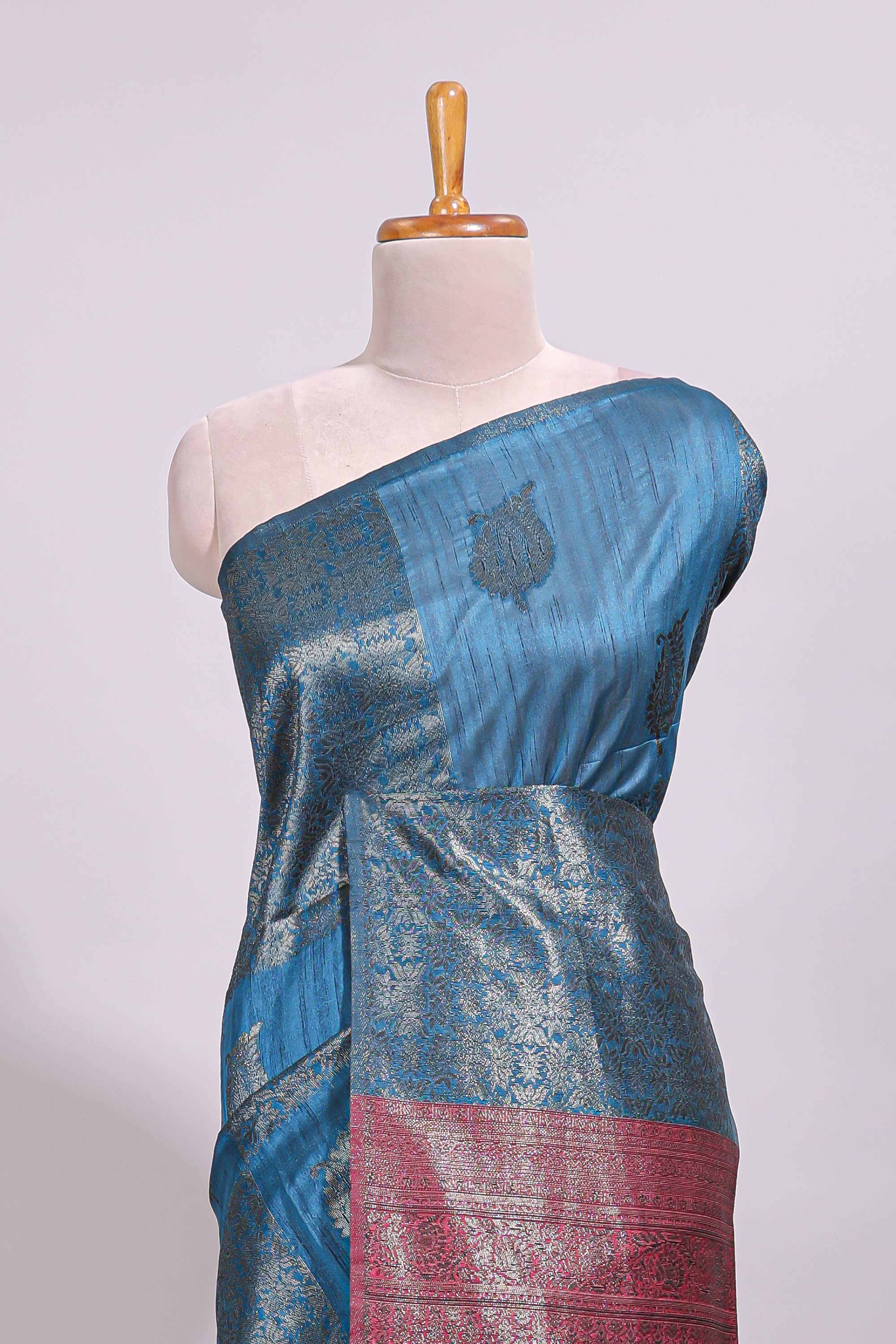 Borderless midnight blue floral zari design art tussar saree with self floral design pallu and matching zari motifs blouse