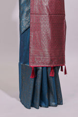 Borderless midnight blue floral zari design art tussar saree with self floral design pallu and matching zari motifs blouse