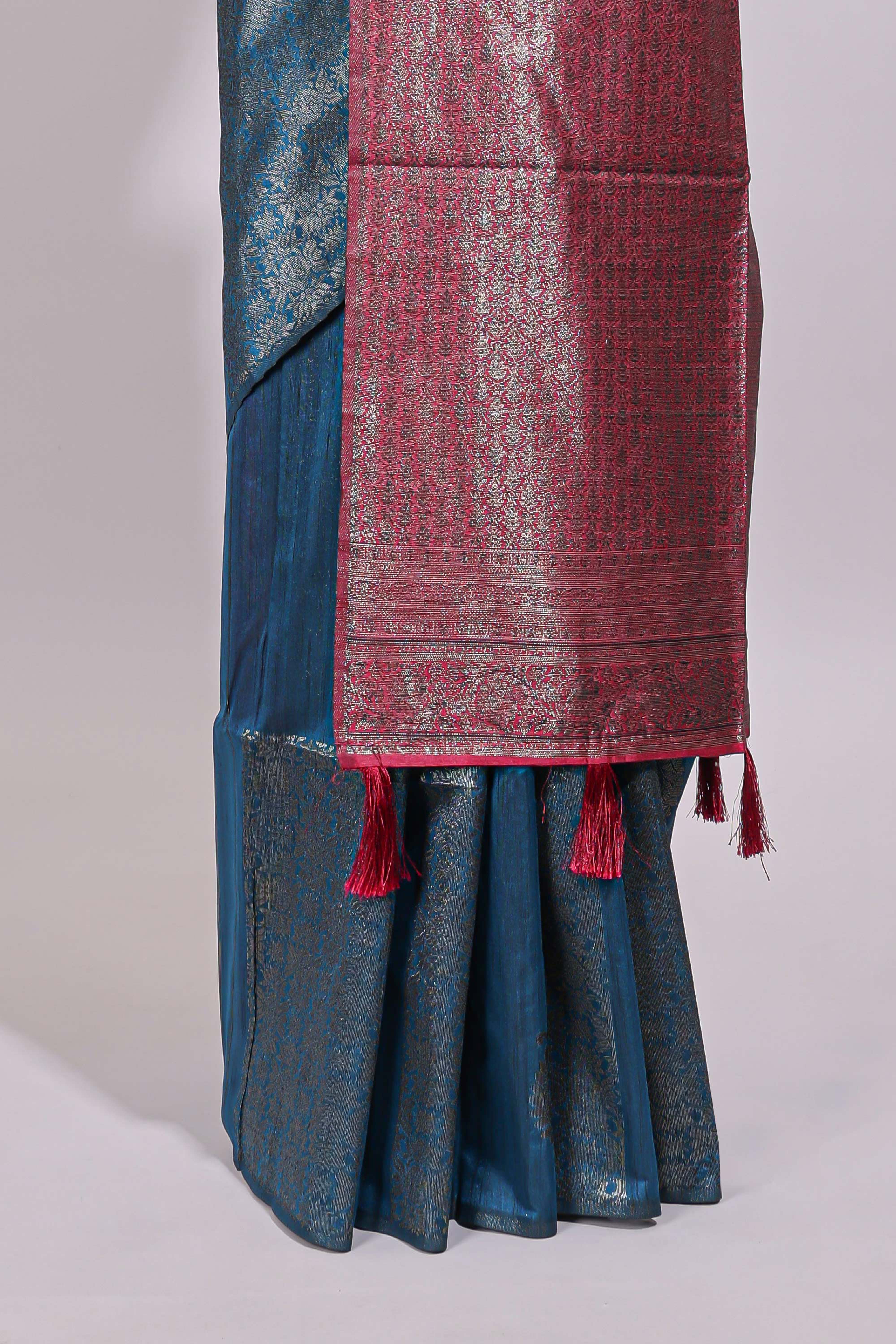 Borderless midnight blue floral zari design art tussar saree with self floral design pallu and matching zari motifs blouse