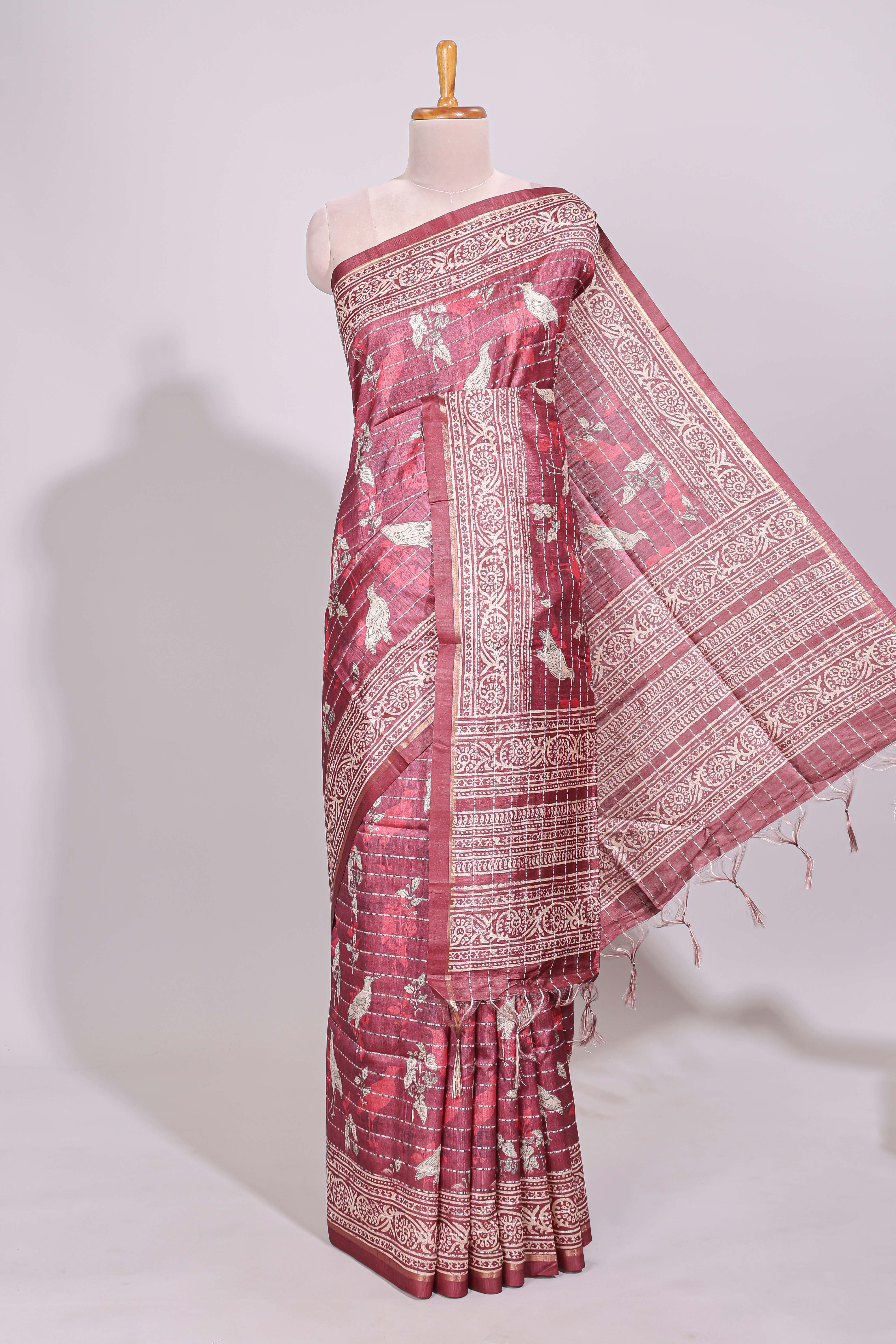 Onion pink striped floral & birds design art tussar saree with self border and matching motifs blouse