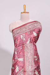 Onion pink striped floral & birds design art tussar saree with self border and matching motifs blouse