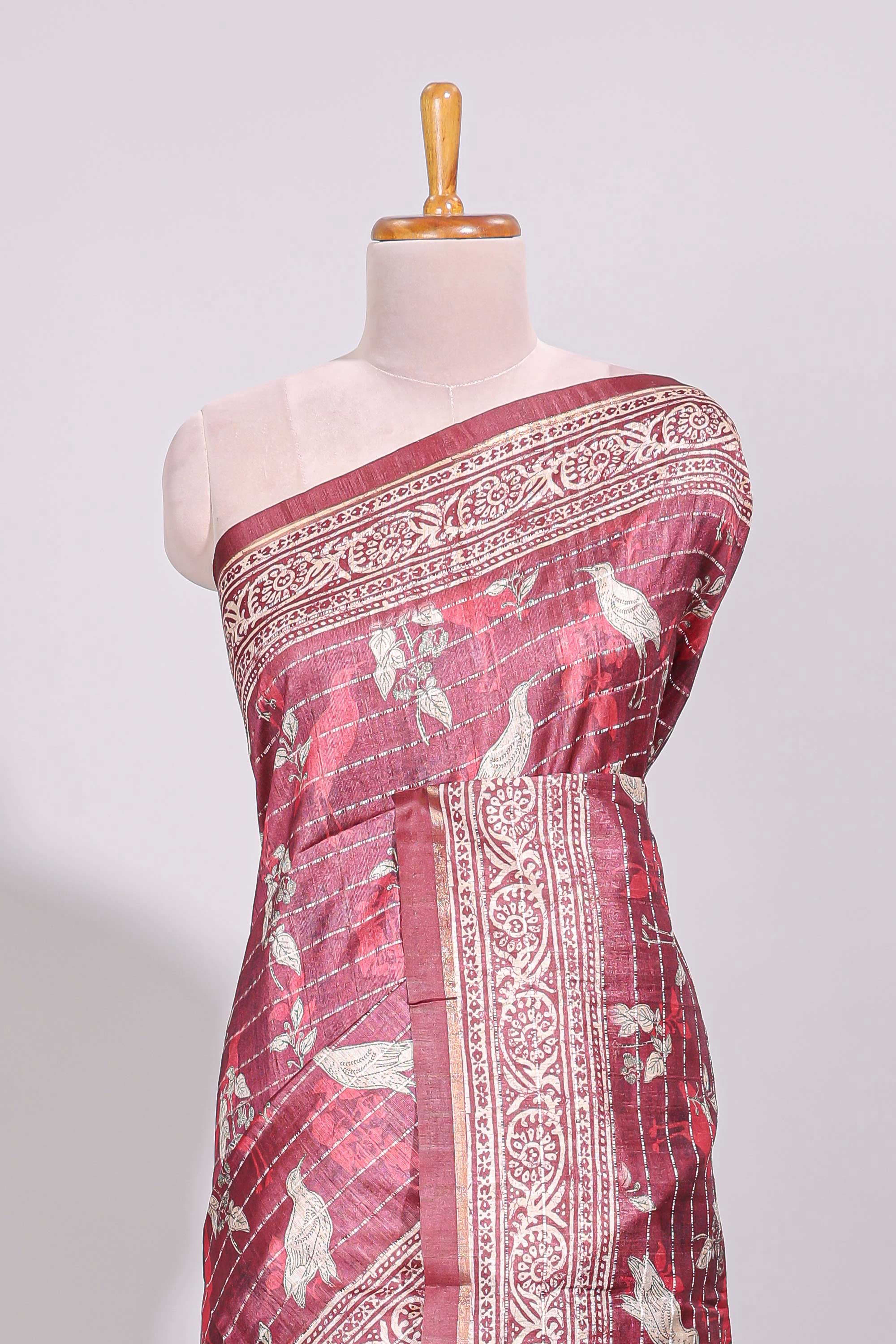 Onion pink striped floral & birds design art tussar saree with self border and matching motifs blouse