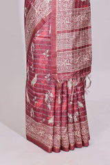 Onion pink striped floral & birds design art tussar saree with self border and matching motifs blouse