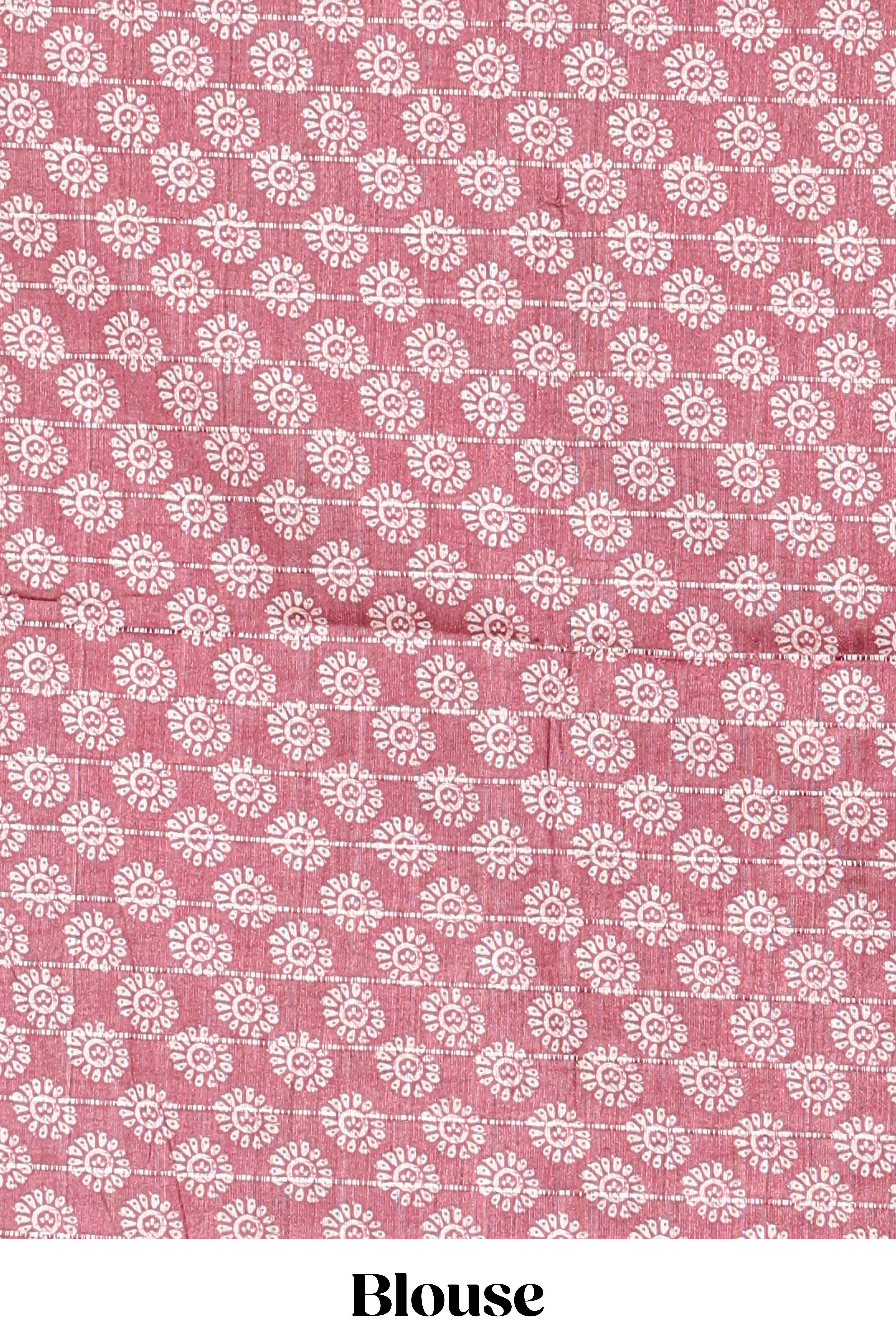Onion pink striped floral & birds design art tussar saree with self border and matching motifs blouse
