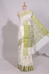 White floral design art tussar saree with contrast border and floral vine pallu