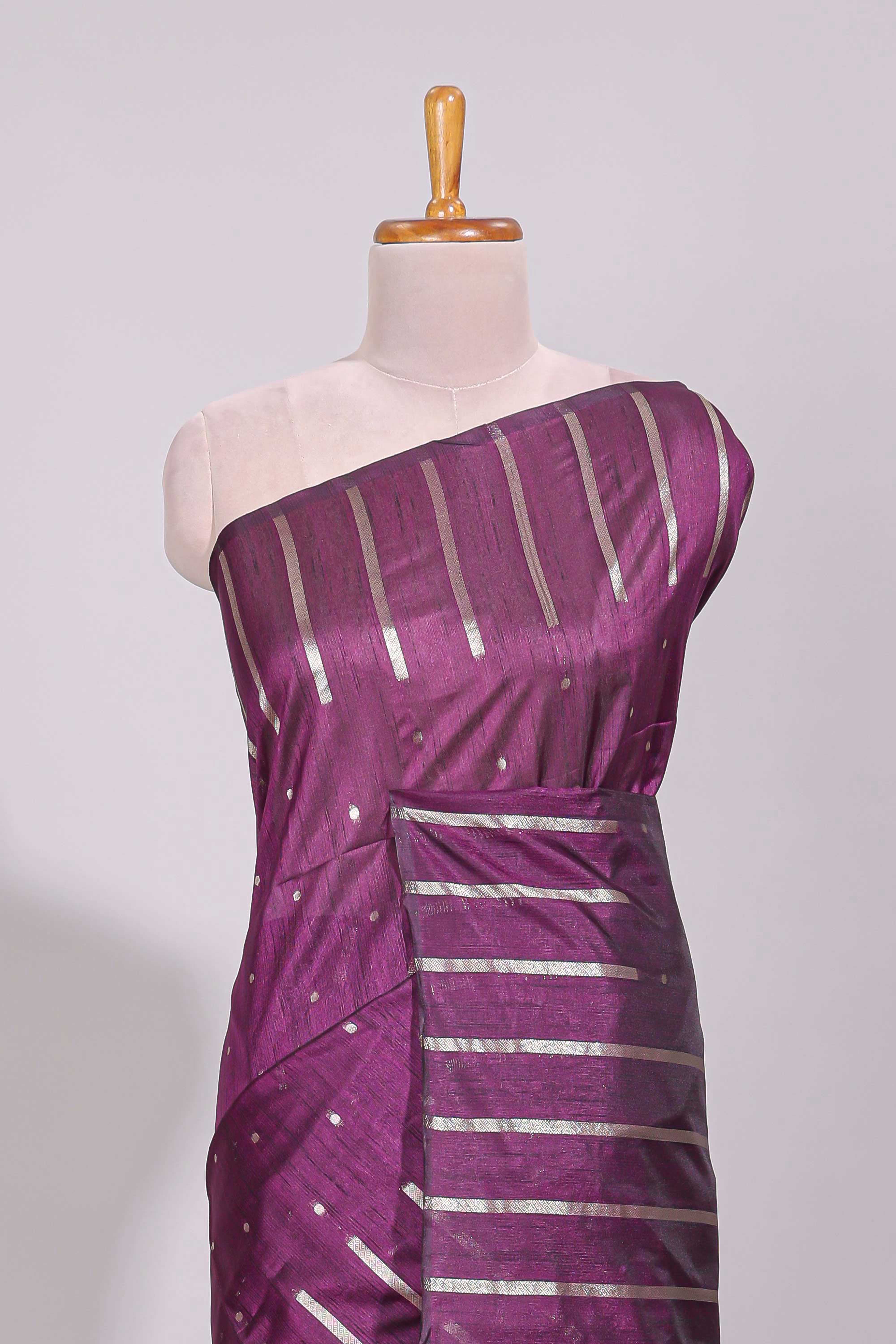 Purple zari butta art tussar saree with self border matching striped blouse