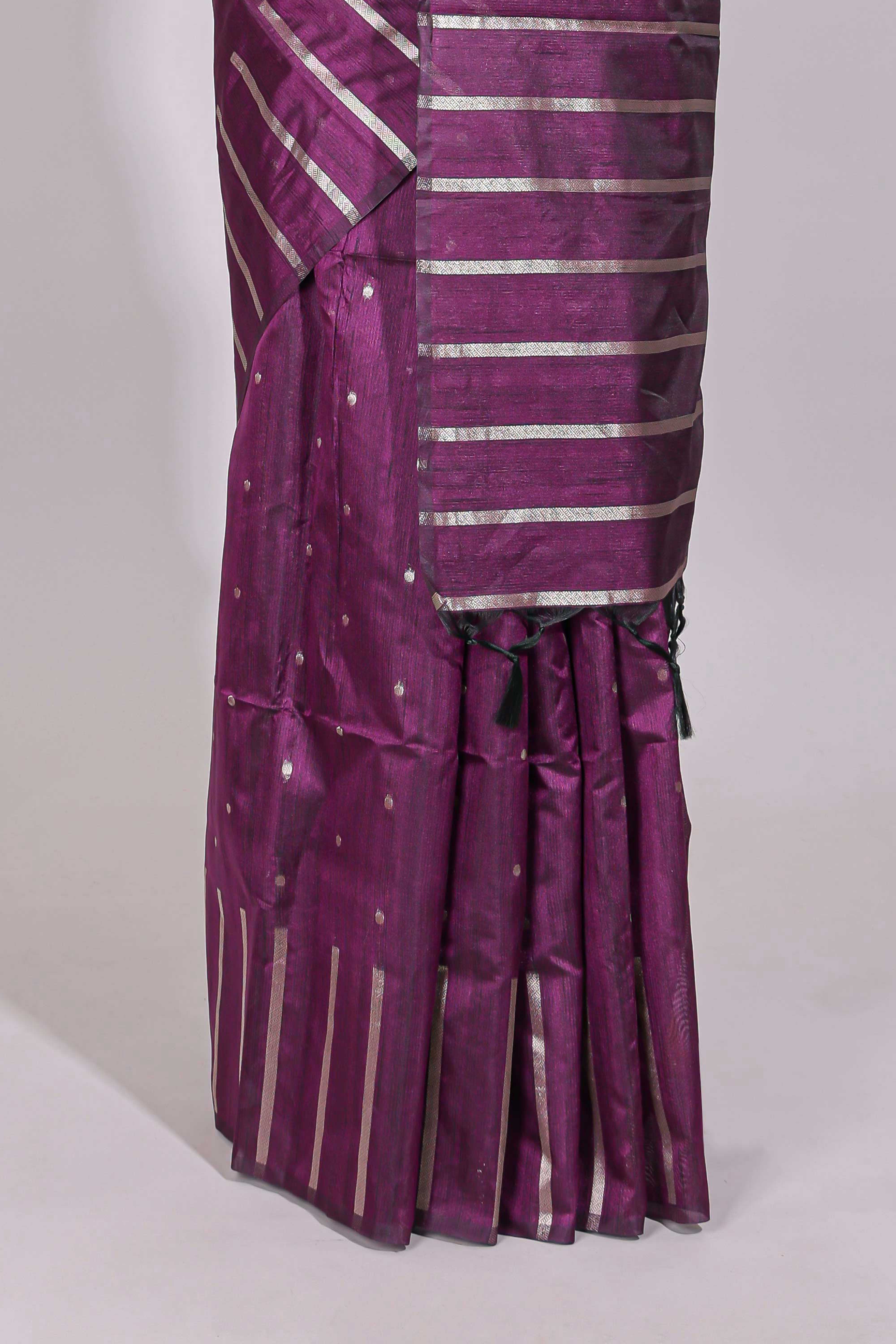 Purple zari butta art tussar saree with self border matching striped blouse