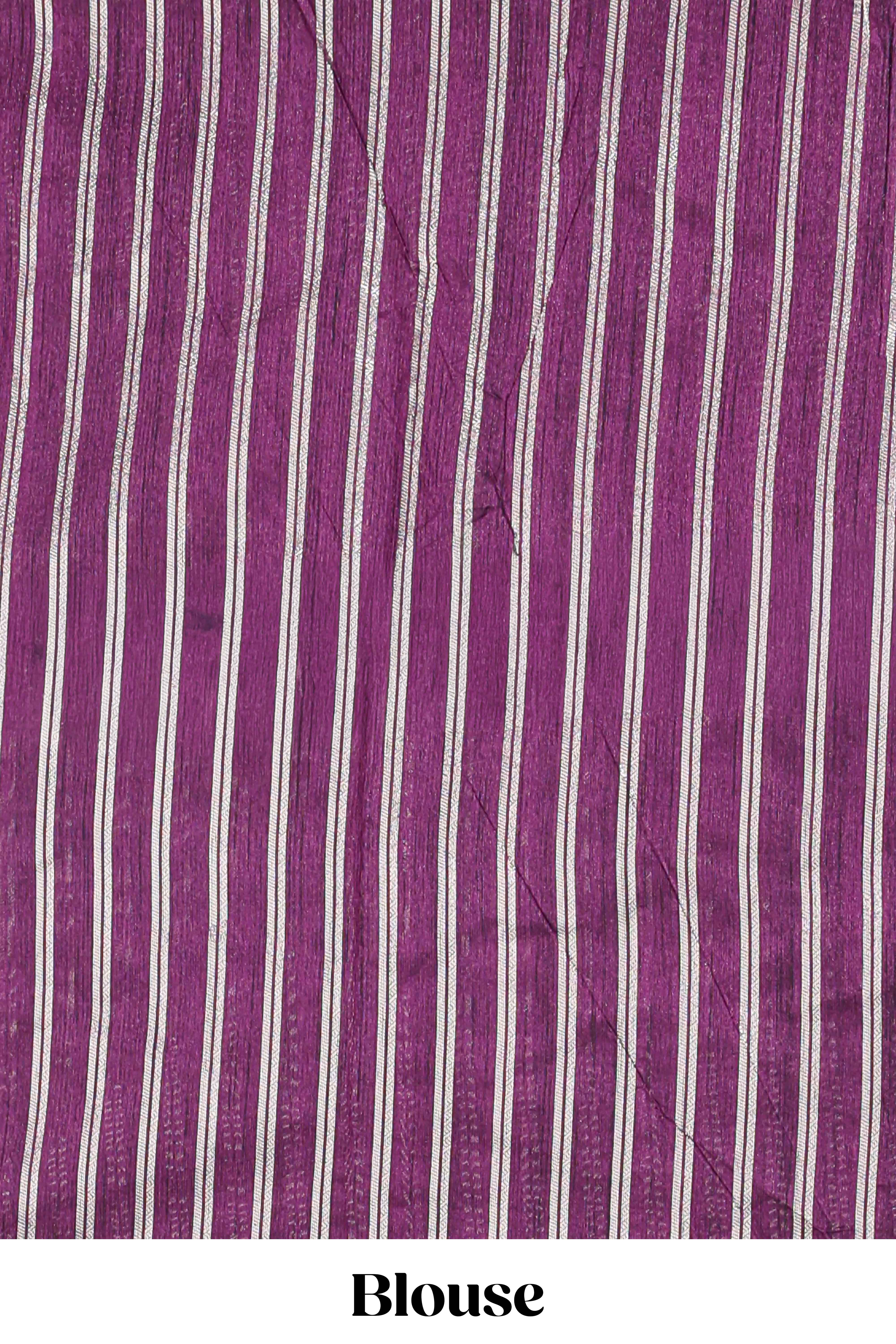 Purple zari butta art tussar saree with self border matching striped blouse