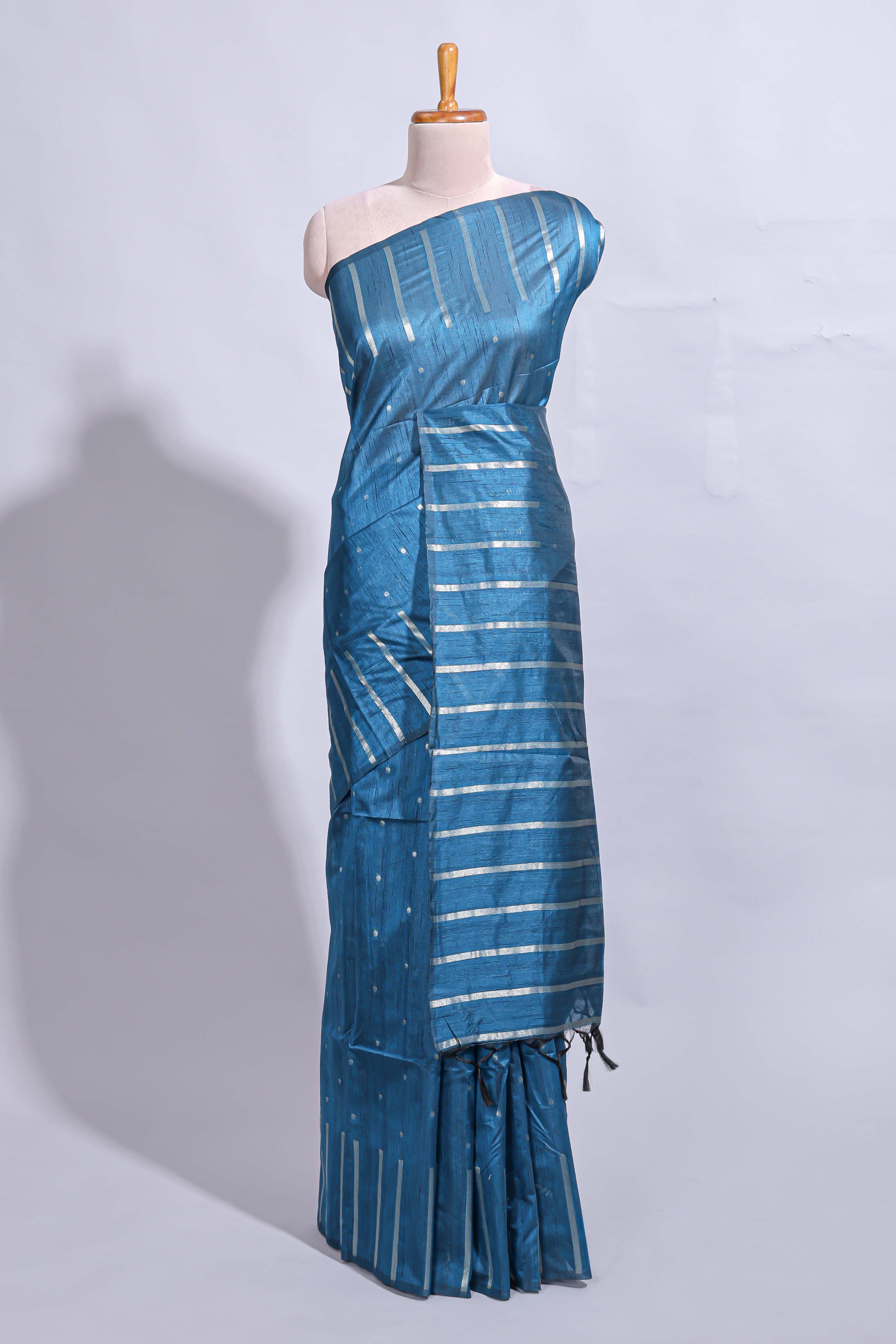 Blue zari butta art tussar saree with self border matching striped blouse