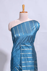 Blue zari butta art tussar saree with self border matching striped blouse