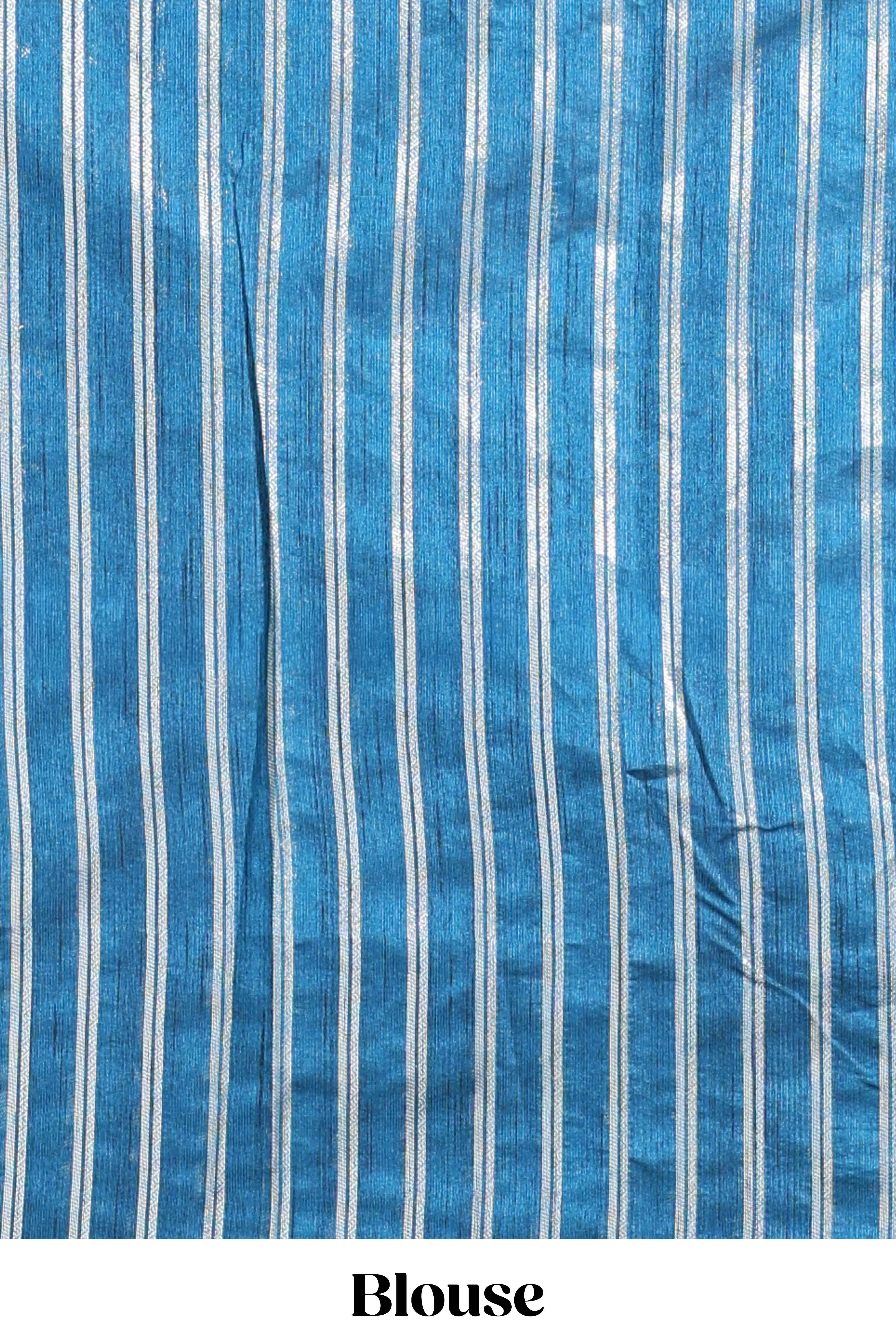 Blue zari butta art tussar saree with self border matching striped blouse