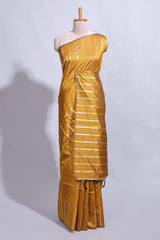 Mustard zari butta art tussar saree with self border matching striped blouse