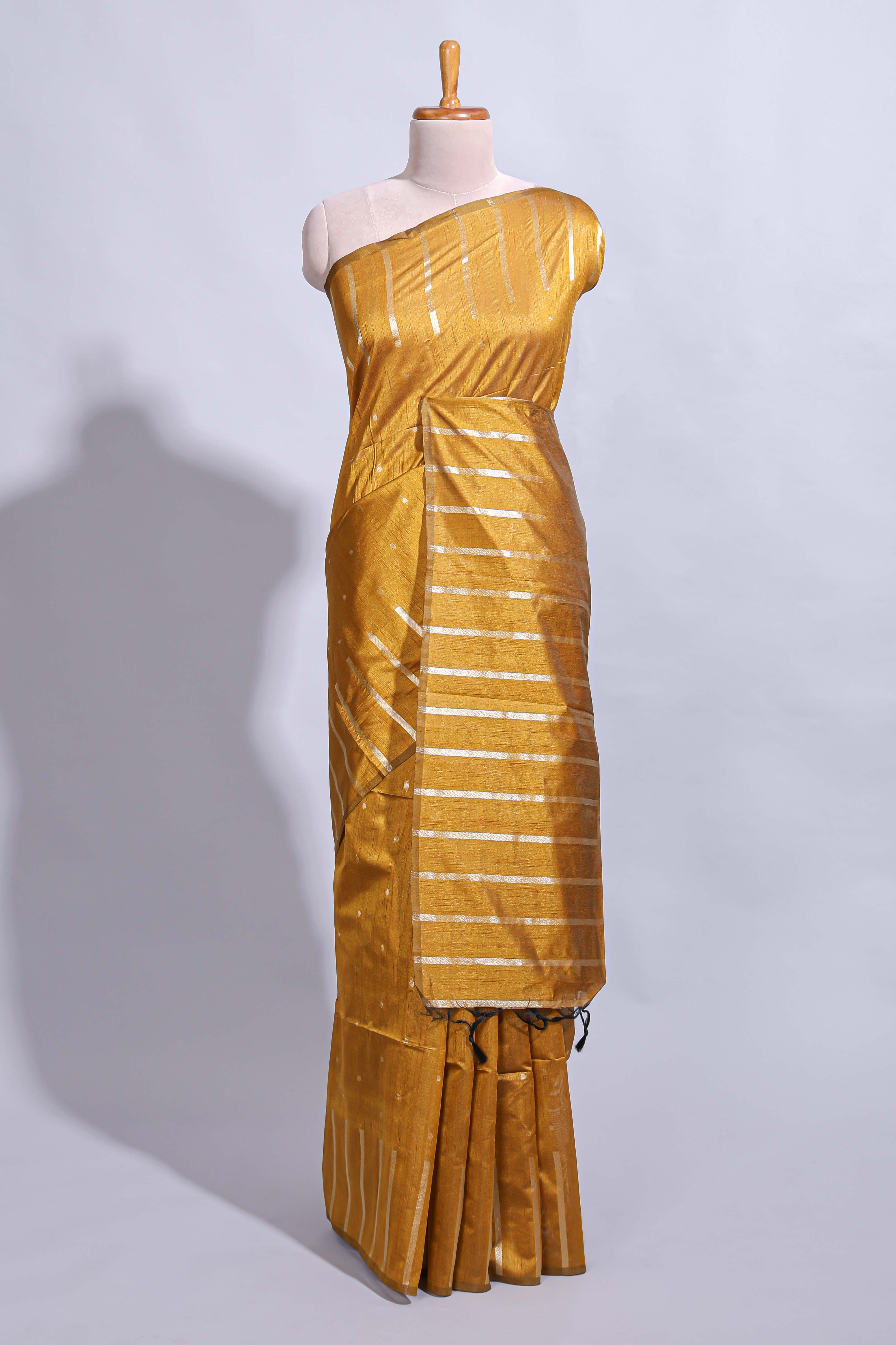 Mustard zari butta art tussar saree with self border matching striped blouse