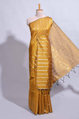 Mustard zari butta art tussar saree with self border matching striped blouse