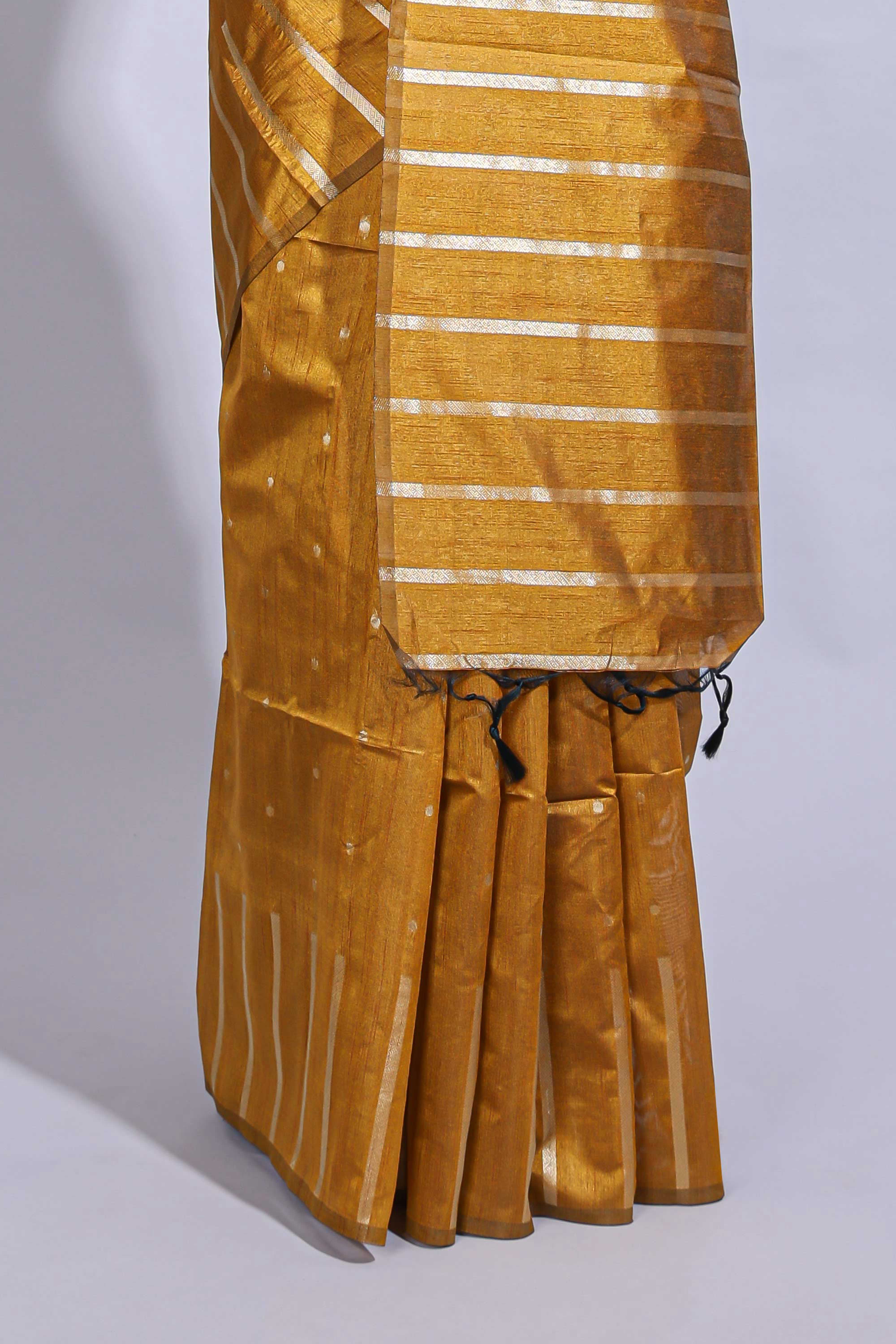 Mustard zari butta art tussar saree with self border matching striped blouse